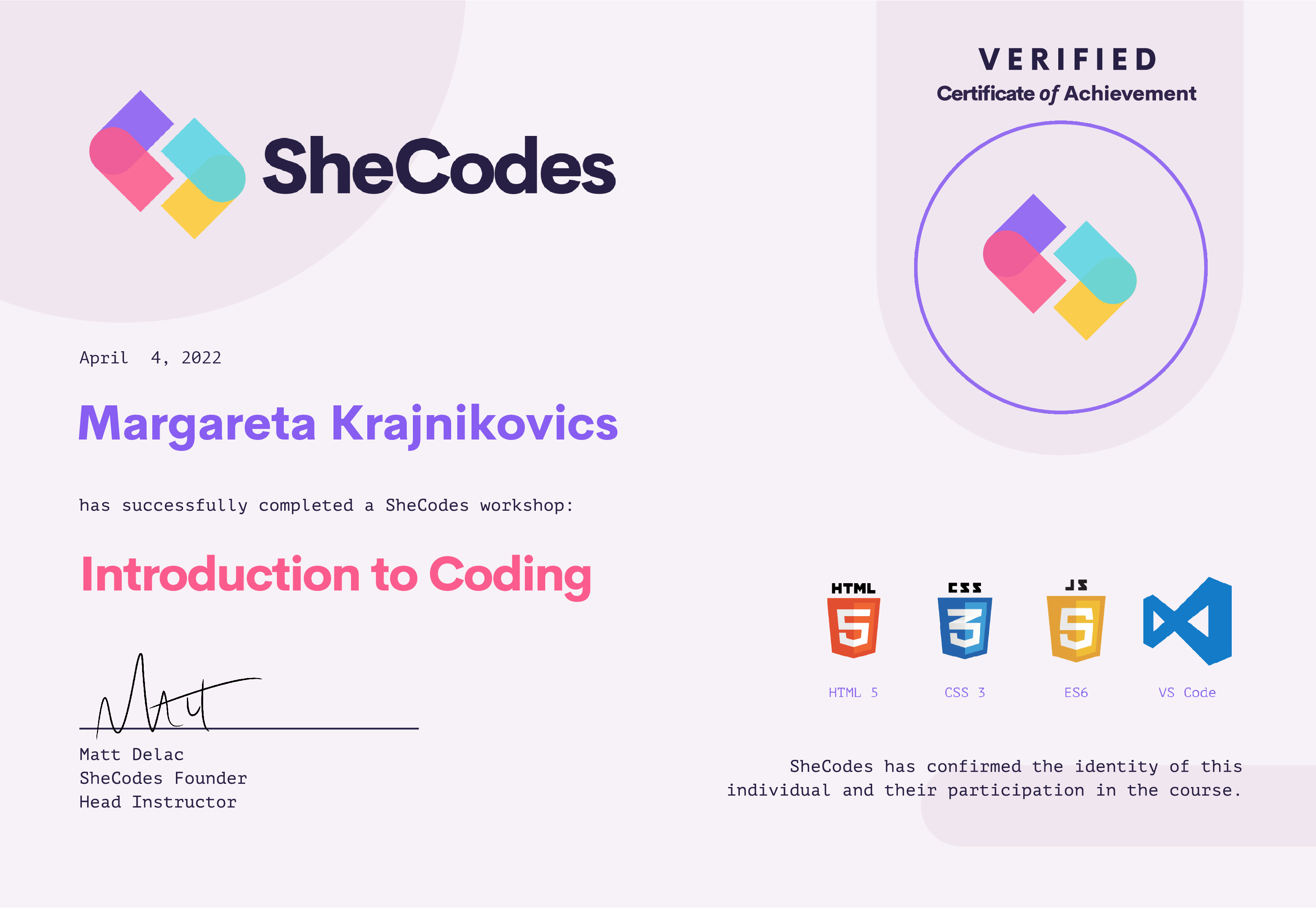 Introduction to coding certificate